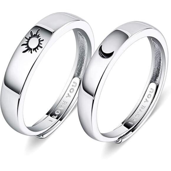 925 Silver Rings Custom Adjustable Sun and Moon Matching Rings Engraved - Picture 7 of 7